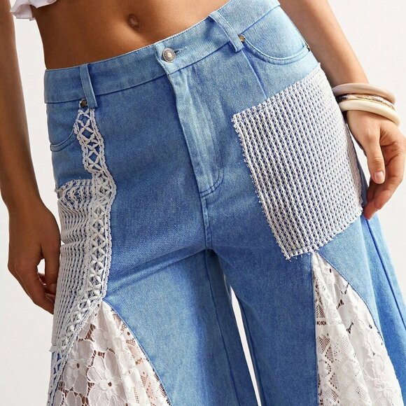 Blue And White Casual Women's Bohemian Style Mixed High Waist Bell Bottom Pants - Picture 5 of 7